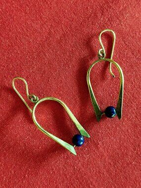Modern Brass U-Shape Drop Earrings with Lapis Blue Beads Bohemian Retro Hippie